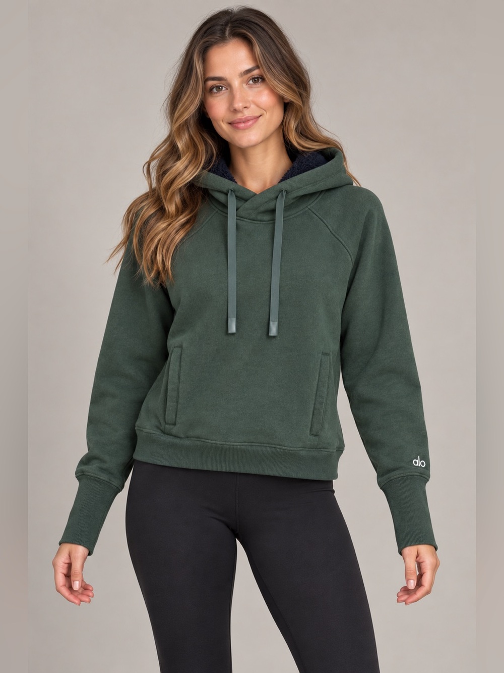 Alo Yoga Dark Green Pullover Hoodie Plush-Lined Hood